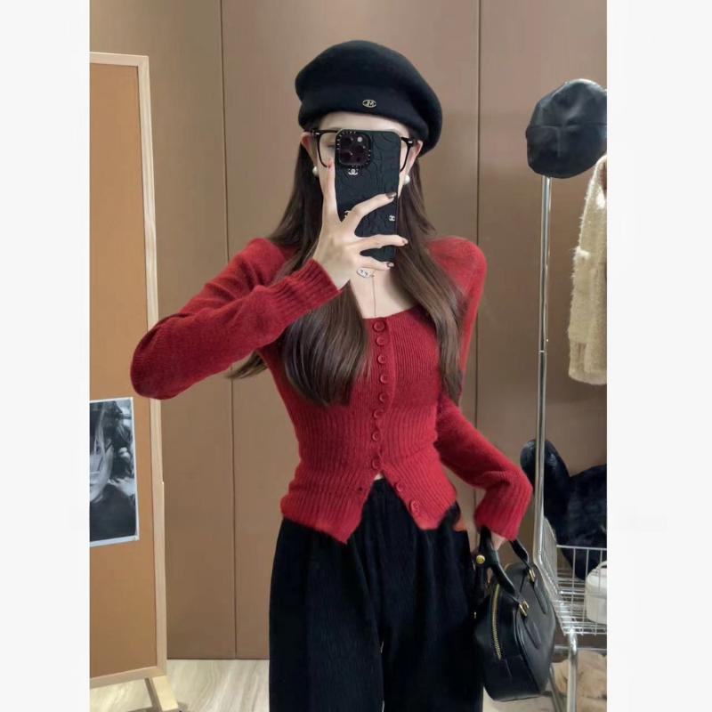 한 부서 광장 칼라 니트 오픈 가디건 여성 조기 가을 작은 샤넬 스타일 몸매 가꾸기 기본 셔츠 쇼트 스타일 맨위