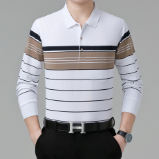 批发春秋长袖t恤男<b class='q'>中年</b>棉质翻领polo衫宽松休闲爸爸装真口袋条纹上衣