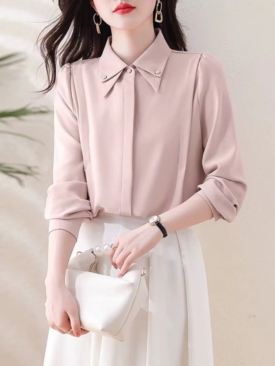 PF21404# 缎面法式衬衫女士长袖醋酸打底衬衣秋季洋气减龄2024新款雪纺上衣女裝貨源服裝批發