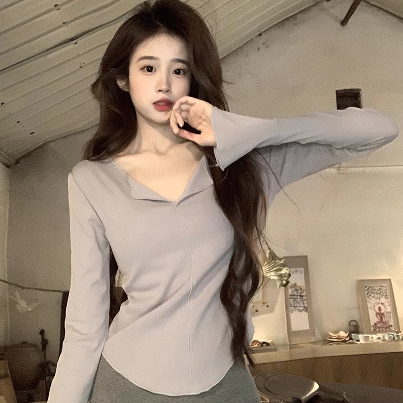 PF22524#新款韩系软糯V领纯欲木耳边女长袖 T恤女女裝貨源服裝批發