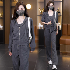 实拍深灰色高级感时尚休闲套装女2026早秋新款大码宽松显瘦三件套