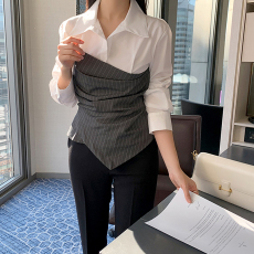 批发已出货 chic 韩版条纹拼接不规则衬衫