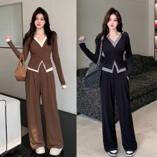 批发实拍2026<b class='q'>春</b>装新款胖mm大码设计感假两件开衫上衣+高腰松紧阔腿裤