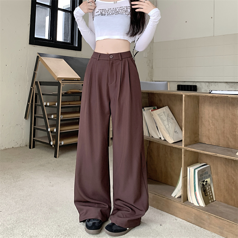 실사 와인 레드 고급 센스 정장 와이드 레깅스 바지 2026 여름 새로운 하이웨이스트 도루 센스 캐주얼 스트레이트 팬츠