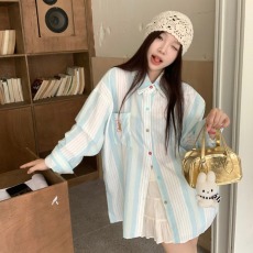 批发薄荷冰蓝质感竖条纹长袖衬衫薄外套女2026早秋<b class='q'>百搭</b>设计感叠穿上衣