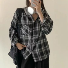 批发韩版春季撞色连帽格子衬衫原宿风宽松oversize长袖复古<b class='q'>外套女</b>衬衣