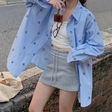 批发韩版春秋蝴蝶结印花<b class='q'>衬衫</b>宽松oversize长袖复古原宿风<b class='q'>衬衣</b>外套女