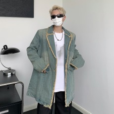 批发牛仔外套春秋季2024新款美式复古独特设计感小众宽松西装领上衣