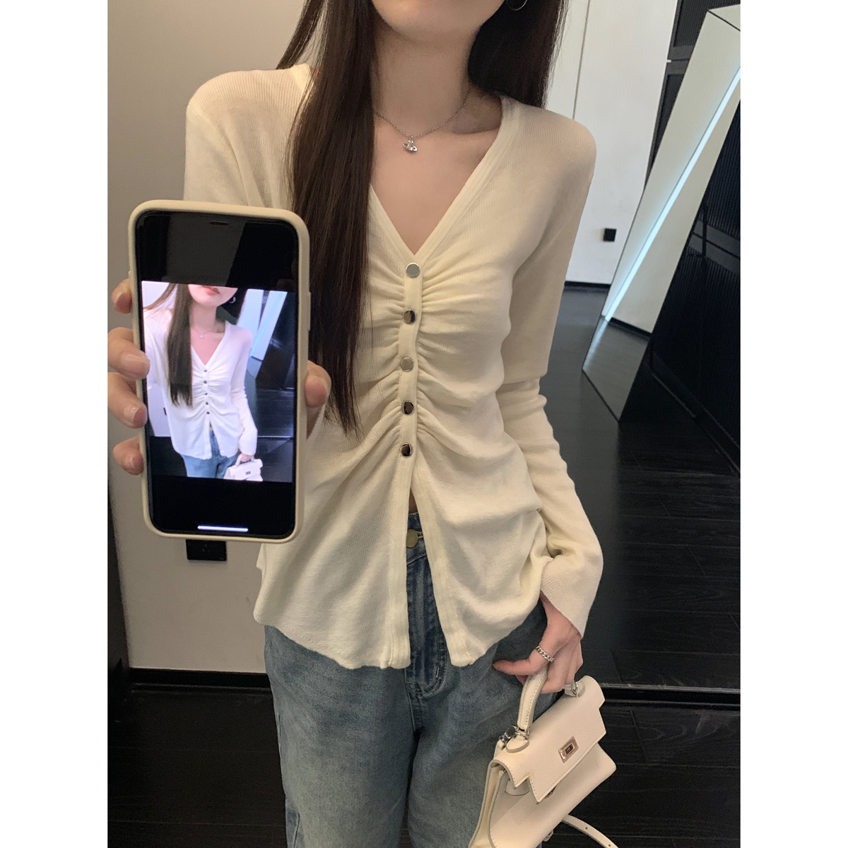 Real shot of autumn and winter Korean style temperament v-neck pleated single-breasted 6 wool knitted long-sleeved cardigan jacket top