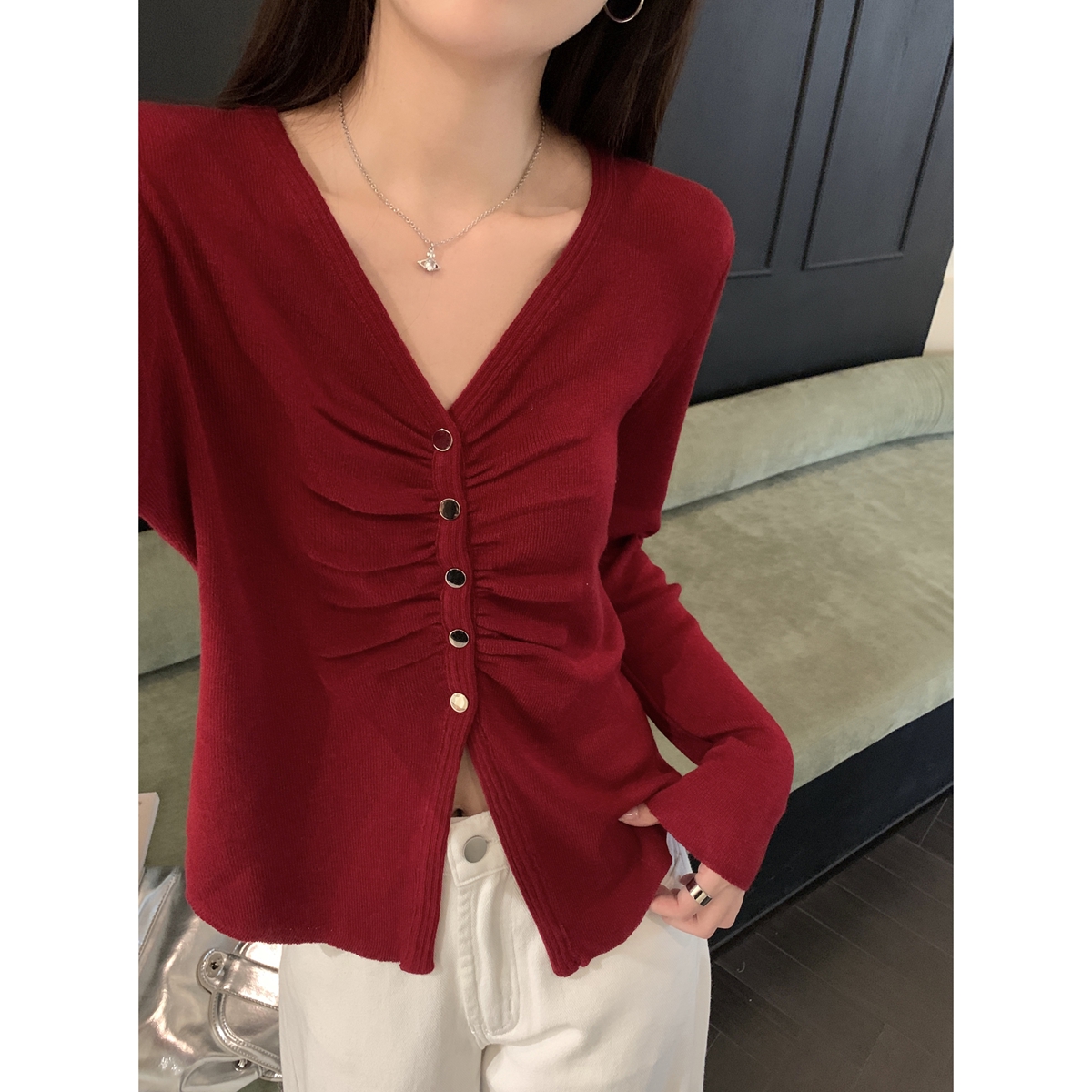 Real shot of autumn and winter Korean style v-neck pleated slimming single-breasted 6 wool knitted long-sleeved cardigan jacket top