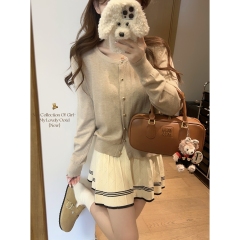 Actual shot of autumn and winter Korean style loose temperament single-row gold buckle versatile knitted long-sleeved cardigan top jacket