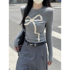 Actual shot of autumn and winter Korean style slim fit contrast color three-dimensional stitching bow elegant long-sleeved inner T-shirt top for women