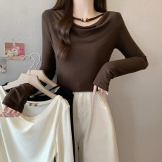 批发实拍大码~法式荡领串珠针织衫长袖女春装性感修身内搭打底衫上衣