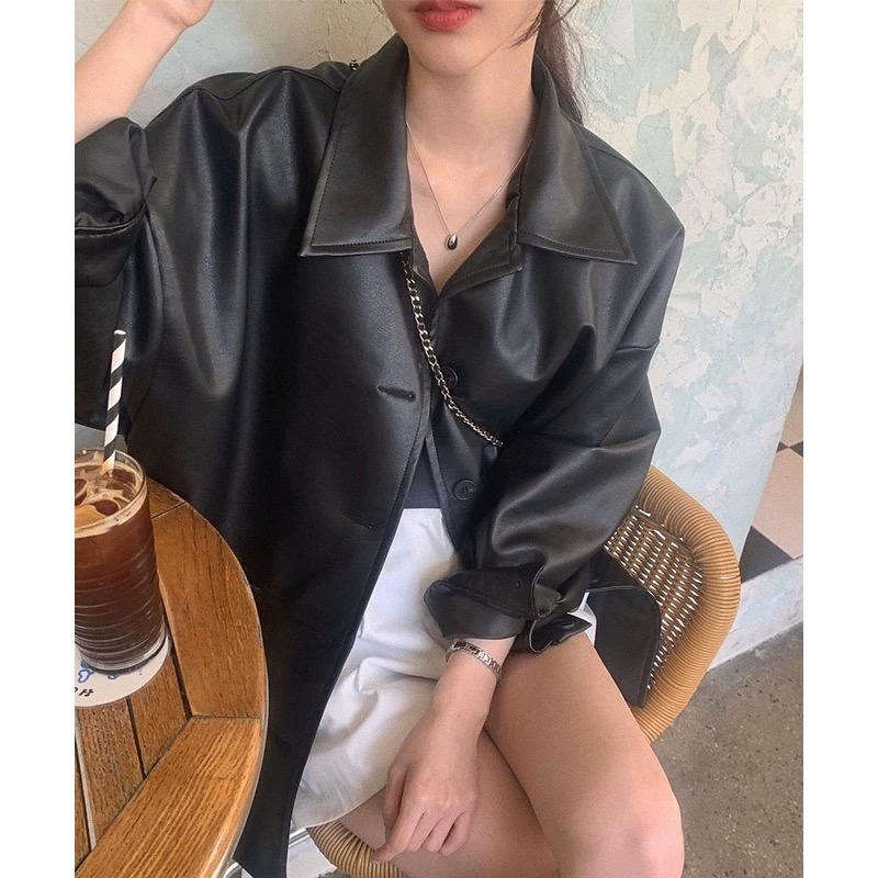 Korean handsome lapel single-breasted leather jacket for women autumn new loose and versatile imitation leather jacket top