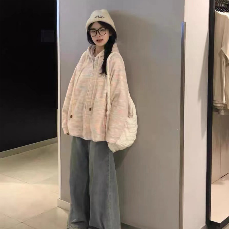 奶fufu慵懶連帽針織開衫外套女秋季2024軟糯多巴胺彩虹粉毛衣秋冬