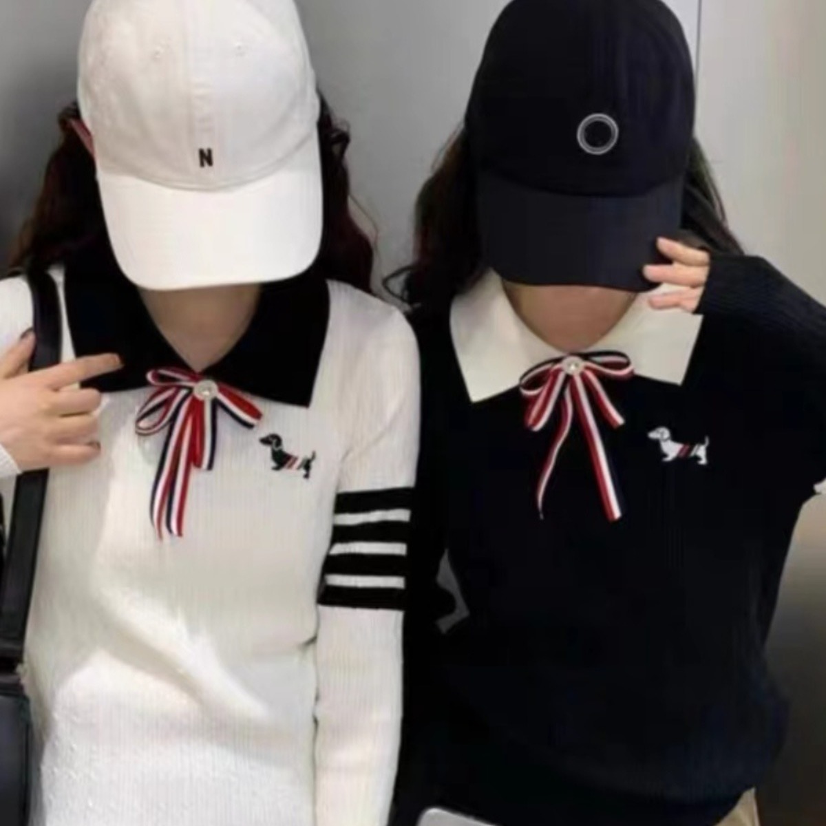 학원 스타일 배색 패치워크 V넥 긴팔 니트 오픈 가디건 여성 리본 나비 매듭 장식 풀오버