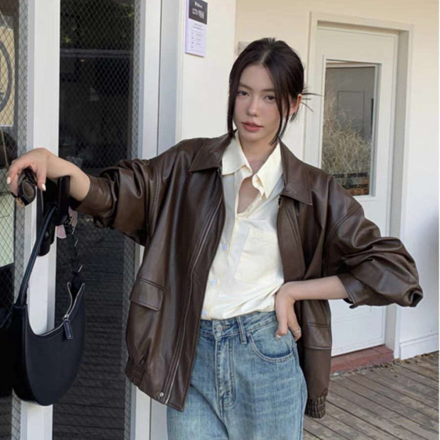 American Retro Brown Motorcycle Leather Jacket Women's Autumn 2024 New Korean Style Leather Jacket Top