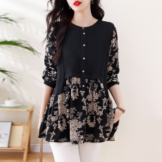 批发大码女装2026春季新款胖MM洋气遮肚气质拼接印花假两件显瘦上衣女