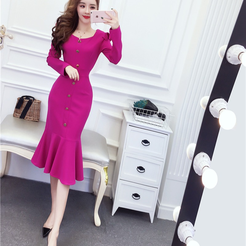 MY16226# 时尚网红荷叶边中长款礼服单排扣显瘦连衣裙女裝貨源服裝批發