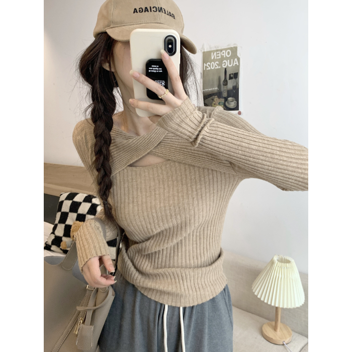 Careful-Design Holes Long-Sleeve Knitted Women's Autumn 2024 New Slimming Stretchy T-shirt