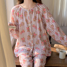 批发实拍韩版新款粉色熊纯棉纱布睡衣<b class='q'>春秋</b>季长袖长裤<b class='q'>婴儿</b>棉家居服<b class='q'>套装</b>