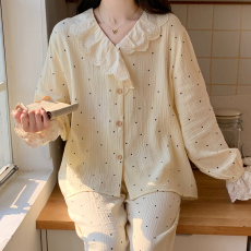 批发实拍韩版新款圆点纯棉纱布睡衣女<b class='q'>春秋</b>季长袖长裤<b class='q'>婴儿</b>棉家居服<b class='q'>套装</b>