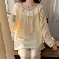 批发实拍韩版新款圆点纯棉纱布睡衣女<b class='q'>春秋</b>季长袖长裤<b class='q'>婴儿</b>棉家居服<b class='q'>套装</b>