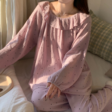批发实拍韩版新款圆点纯棉纱布睡衣女<b class='q'>春秋</b>季长袖长裤<b class='q'>婴儿</b>棉家居服<b class='q'>套装</b>