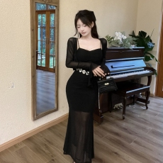 批发实拍 御姐轻熟风黑色早秋纯欲风性感网纱两件套包臀长裙子配腰链