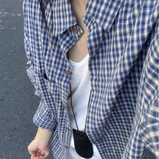 批发特价原版布料复古小众慵懒风休闲格纹宽松格子<b class='q'>衬衫</b>女外套