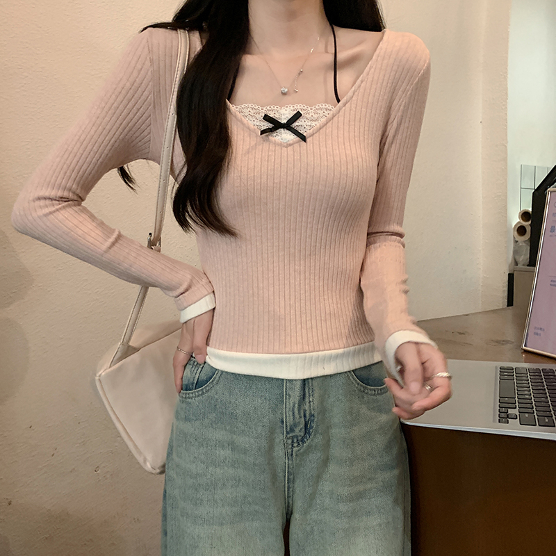 달콤한 스타일 프랑스식 가을 겨울철 한국 스타일 순수한 욕망 패치워크 행침 목 니트 스웨터 레이스 측면 매운맛 여성 페이크 레이어드 맨위