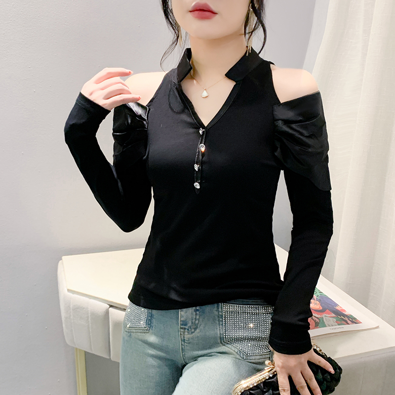 실사 가을 새로운 Chic 오프숄더 긴팔 훈련 버클 비즈 박기 몸매 가꾸기 패션 외국 가스 작은 셔츠 여성 셔츠 질량 물품