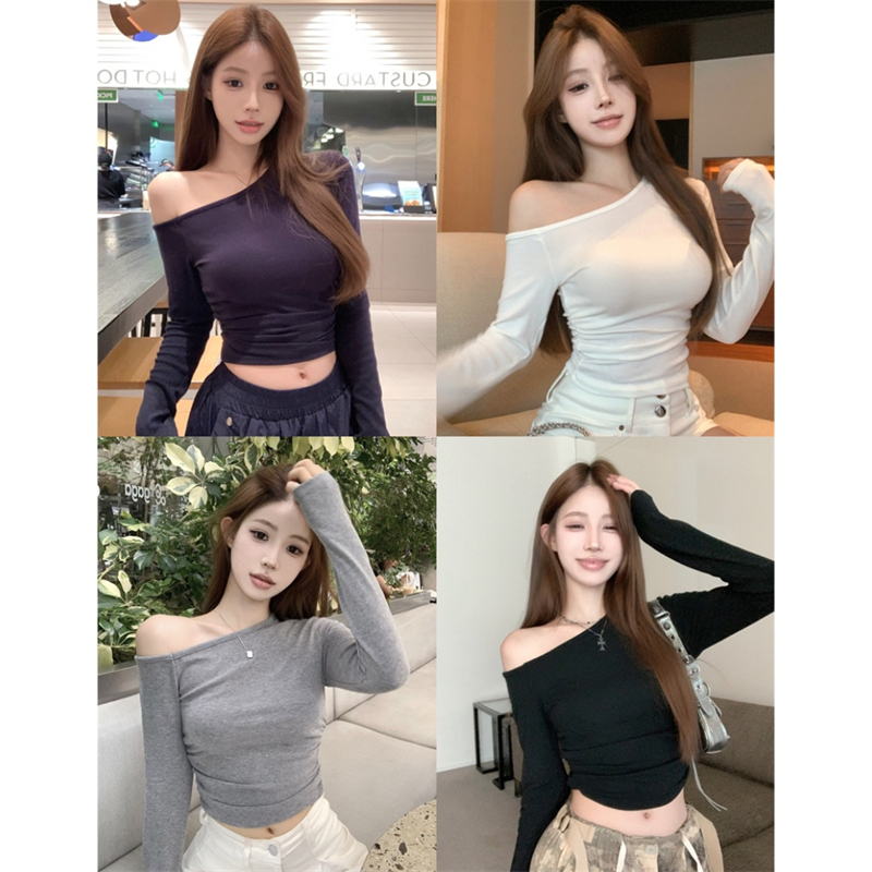 실사 이른 가을 새로운 다시 달콤한 다시 매운맛 아름다운 기초 섹션 비스듬한 어깨 다용도 연삭 털 티셔츠 맨위 여성 4 색
