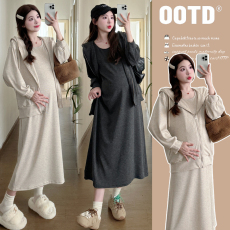 批发实拍现现~早春2026爆款孕妇休闲长袖连帽卫衣外套+连衣裙春秋套装