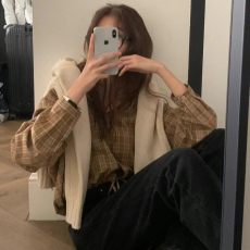 批发尺寸已更新 法式复古慵懒风 松弛感格纹宽松连帽衬<b class='q'>衫</b>抽绳格子衬<b class='q'>衣</b>