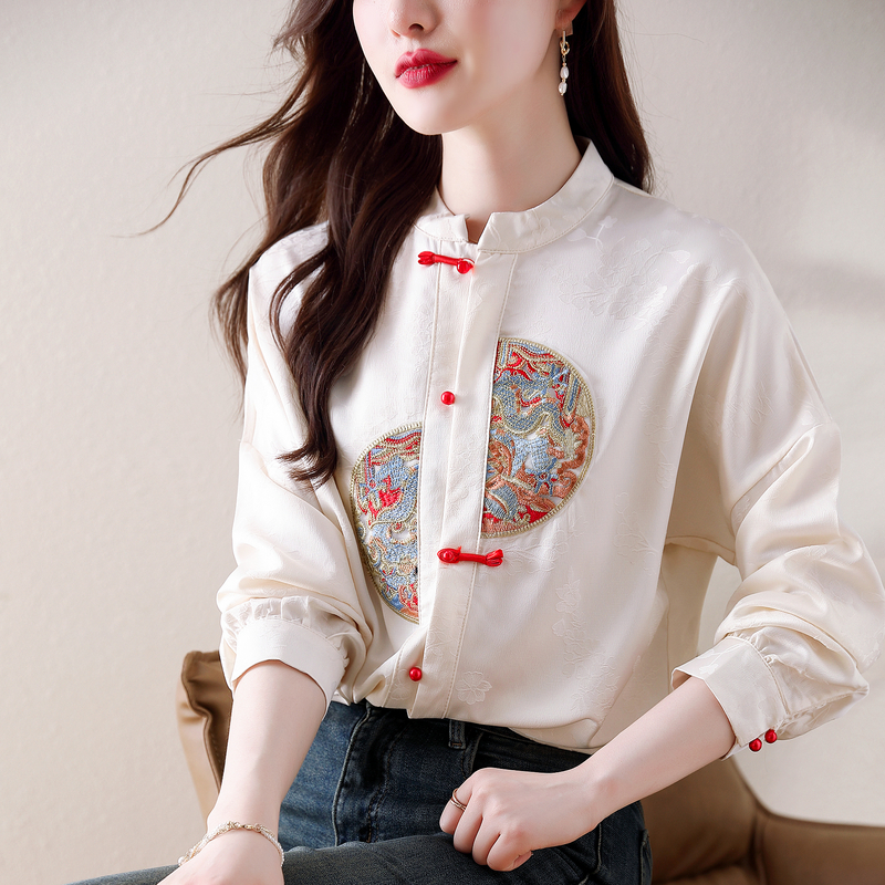 MY770# 新中式国风重工刺绣衬衫女春秋高级感气质盘扣立领绣花衬衣女裝貨源服裝批發
