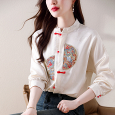 批发新中式国风重工刺绣衬衫女春秋高级感气质盘扣立领绣花衬衣