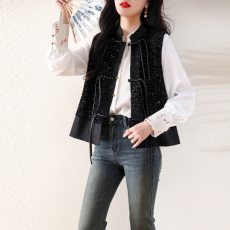2026新中式国风短款亮片丝绒马甲女新款盘扣无袖背心马夹黑色外套