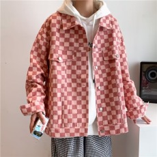 批发美式棋盘格粉色外套男潮流嘻哈街头工装上衣ins潮牌日系复古夹克