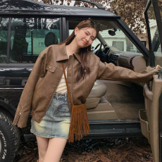 批发2025秋冬季美式复古咖色皮衣外套夹克老钱风外套女美拉德穿搭