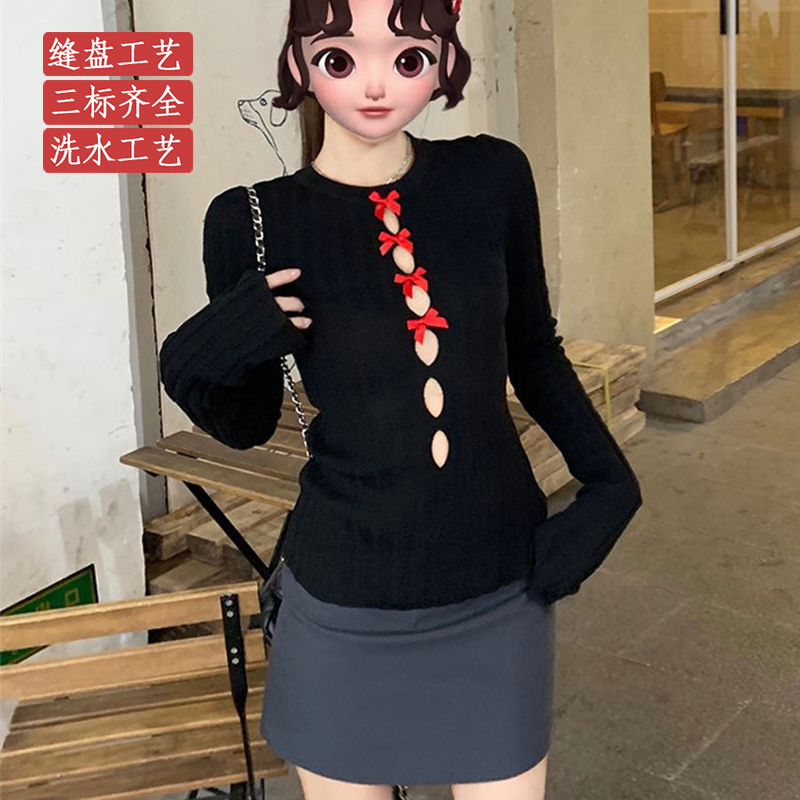 2024 early autumn new style sweater for women with hollow bow in the middle, hot girl slim-fit solid color round neck sweater with long sleeves