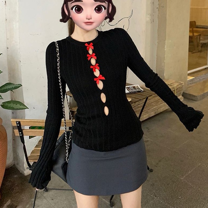 2024 early autumn new style sweater for women with hollow bow in the middle, hot girl slim-fit solid color round neck sweater with long sleeves