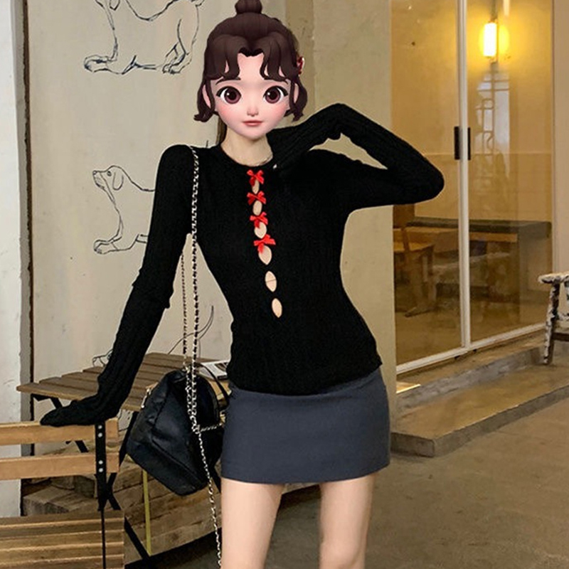 2024 early autumn new style sweater for women with hollow bow in the middle, hot girl slim-fit solid color round neck sweater with long sleeves