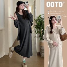 批发实拍~早春2026爆款孕妇休闲长袖连帽卫衣外套+连衣裙春秋套装