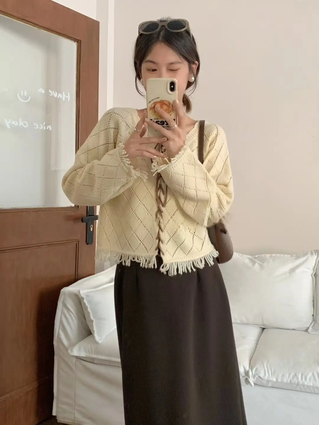 프린지 레이스 다이아몬드 패턴 니트 카디건 상세 이미지 2