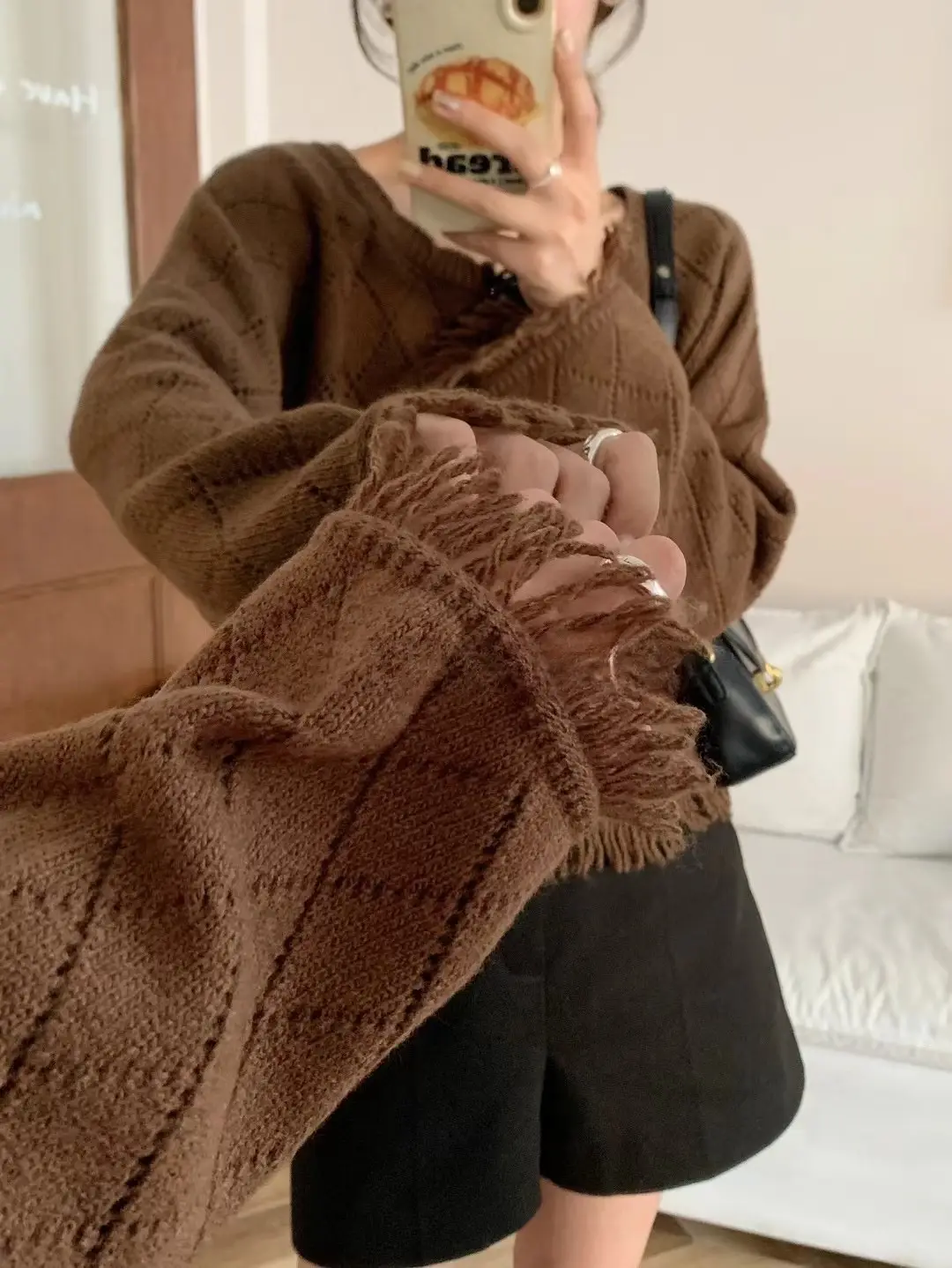 프린지 레이스 다이아몬드 패턴 니트 카디건 상세 이미지 3