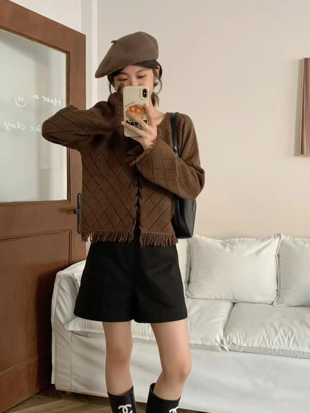 프린지 레이스 다이아몬드 패턴 니트 카디건