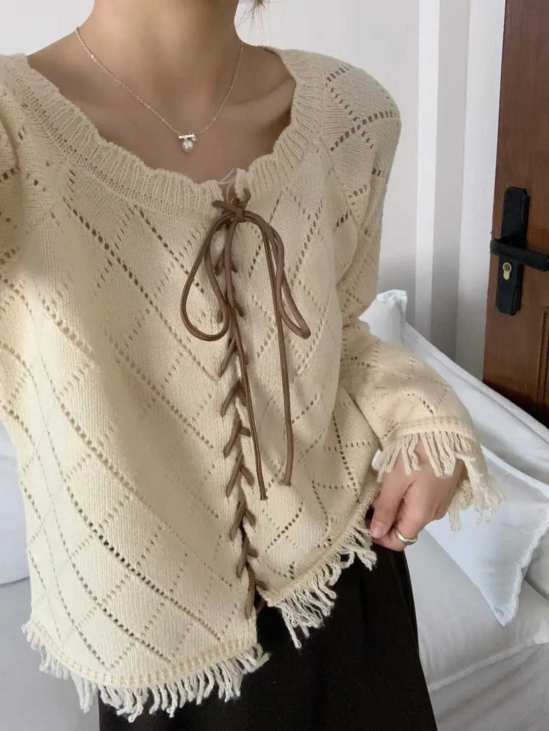 프린지 레이스 다이아몬드 패턴 니트 카디건 상세 이미지 5