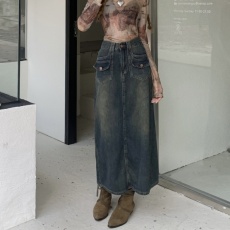 批发#大码女装牛仔半身裙女高腰新款复古直筒宽松a字中长款半裙