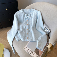 批发实拍 蝴蝶结系带立领长袖针织开衫女温柔风宽松软糯百搭短<b class='q'>外套</b>